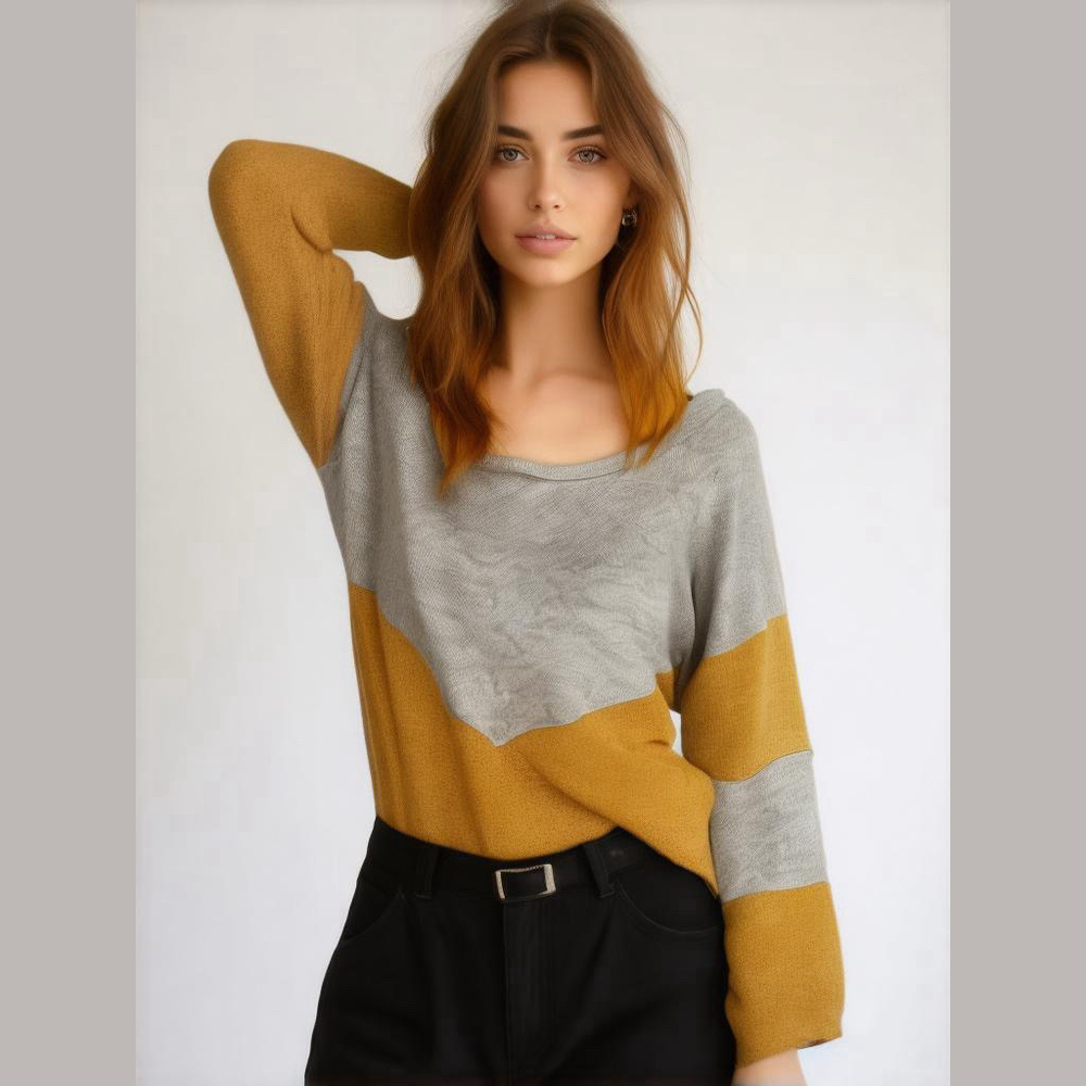 Lovely Melody Color Block Sweater Size XL Mustard Yellow & Beige Made in the USA